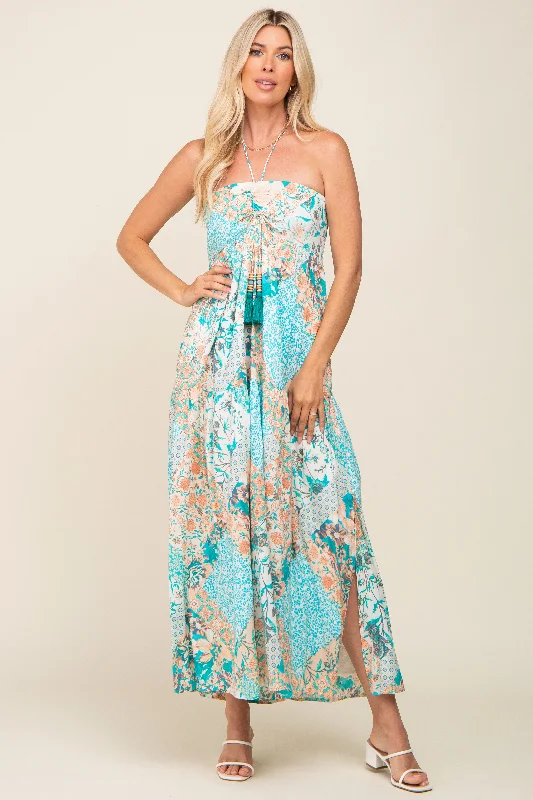 Jade Floral Halter Front Tie Maxi Dress Fashionable Layered Maxi Dress