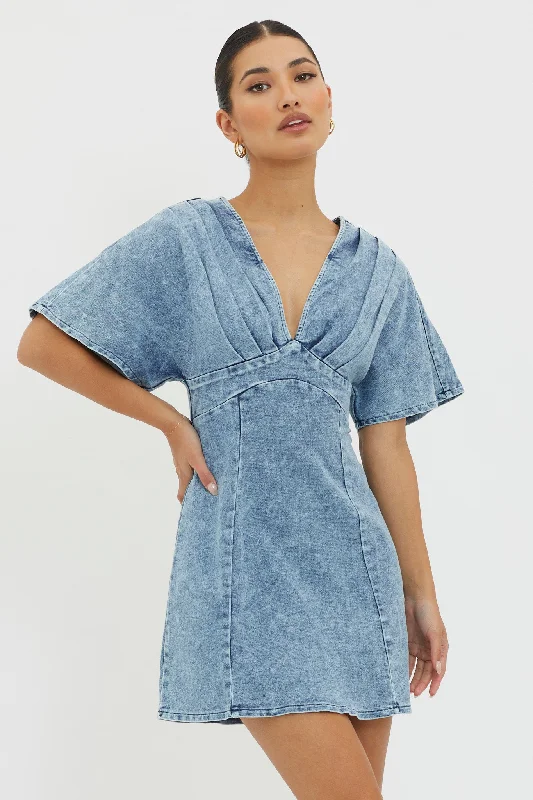 Jessika Pleated Bust Mini Dress Denim Blue Comfortable Smocked Mini Dress