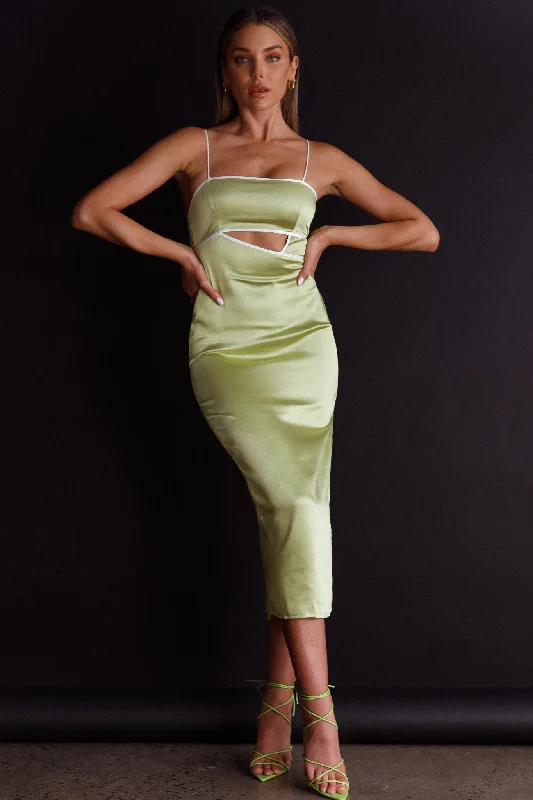 Laia Cut-Out Bodice Midi Dress Green Trendy Ruched Side Midi Dress