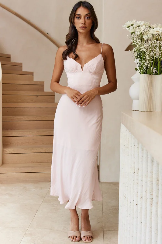 Lake Como Fitted Bodice Cami Strap Midi Dress Blush Comfortable Button Front Midi Dress