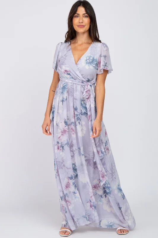 Lavender Floral Chiffon Wrap Front Short Sleeve Maxi Dress Stylish Button-Up Maxi Dress