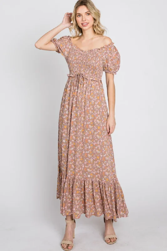 Lavender Floral Sweetheart Neck Off Shoulder Maxi Dress Classic A-Line Maxi Dress