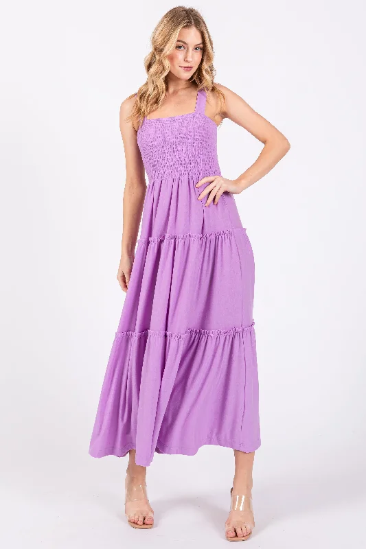 Lavender Sleeveless Tiered Maxi Dress Comfortable Satin Maxi Dress