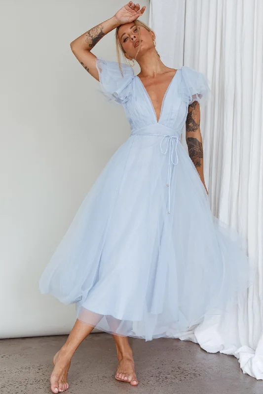 Leap Of Faith Frill Shoulder Tulle Midi Dress Blue Stylish Tiered Midi Dress