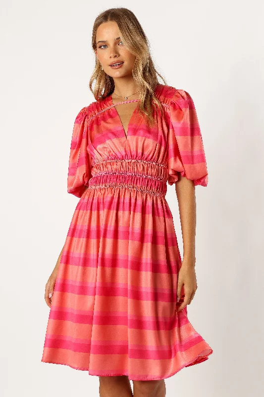 Lennon Puff Sleeve Midi Dress - Pink Orange Chic Bohemian Midi Dress