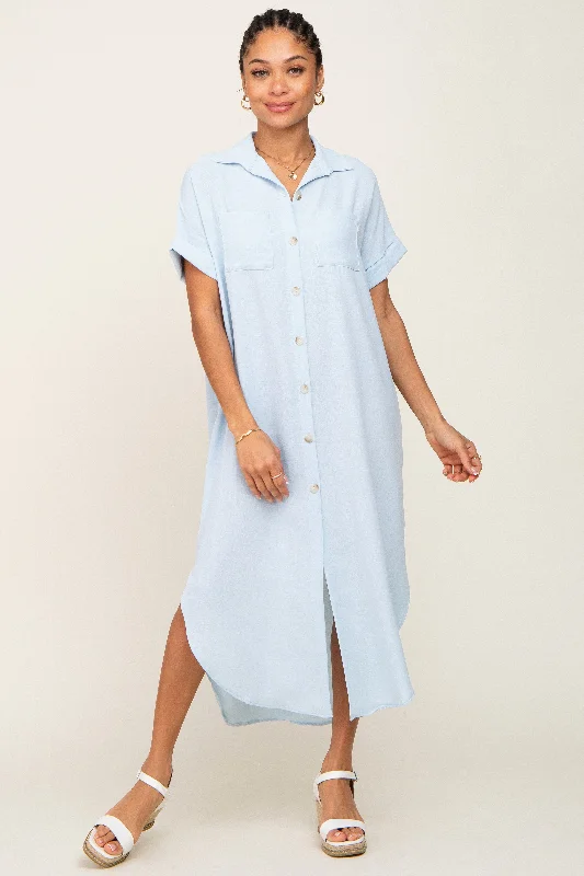 Light Blue Button Down Hi Low Maxi Dress Trendy Fit-and-Flare Maxi Dress