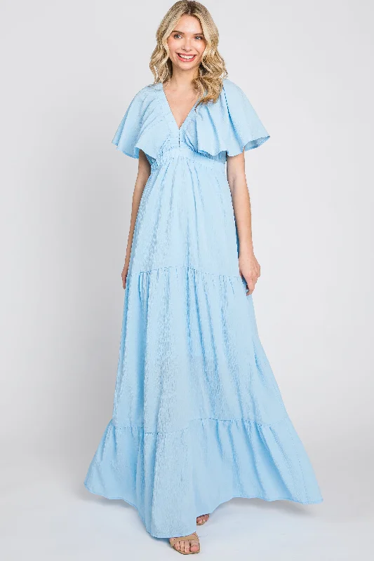 Light Blue Crepe Flounce Sleeve Tiered Maxi Dress Trendy Button Front Maxi Dress