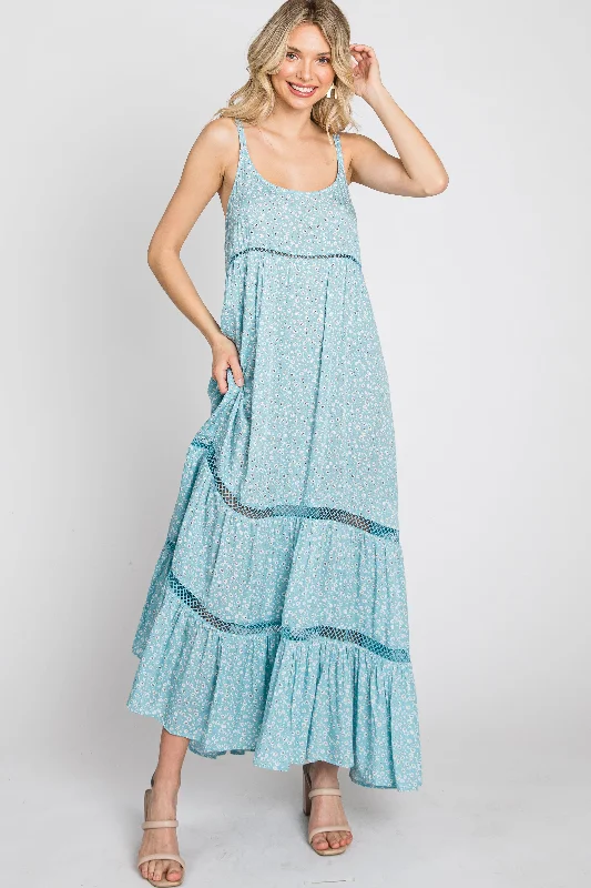 Light Blue Ditsy Floral Crochet Accent Maxi Dress Fashionable Sleeveless Maxi Dress