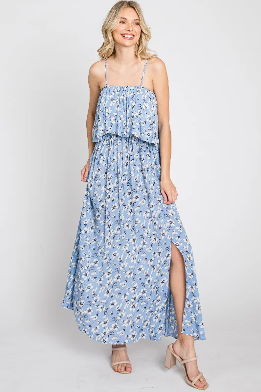 Light Blue Floral Flounce Maxi Dress Comfortable Maxi Dress with Belt