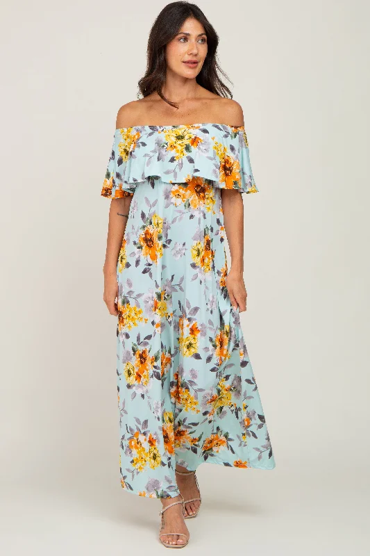 Light Blue Floral Off Shoulder Maxi Dress Classic Black Maxi Dress