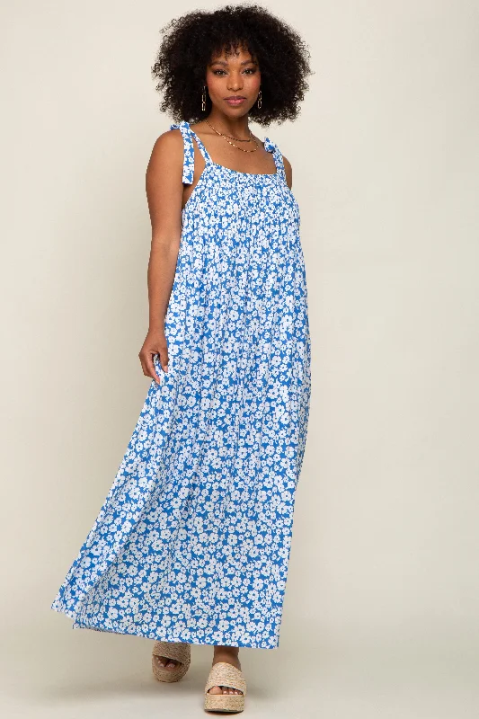 Light Blue Floral Smocked Shoulder Tie Maxi Dress Comfortable Ruffle Maxi Dress