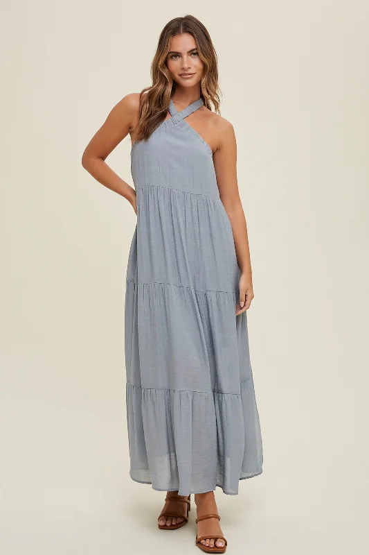 Light Blue Halter Tiered Maxi Dress Comfortable Maxi Dress with Belt