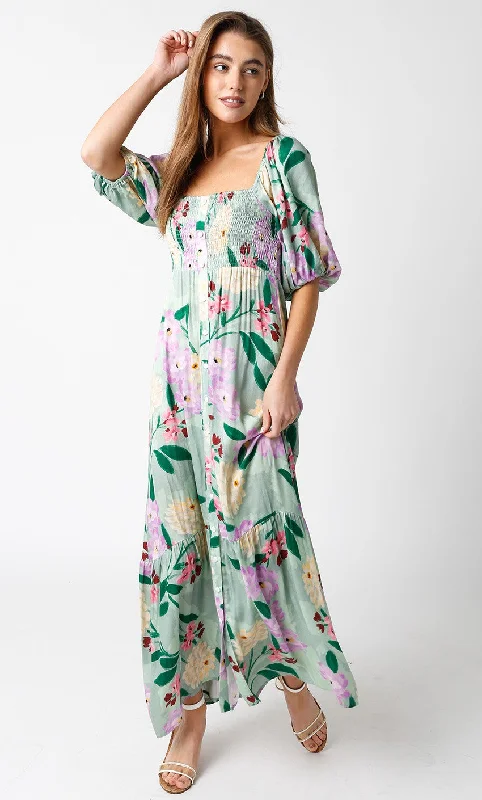 Light Green Floral Front Button Maxi Dress Trendy V-Neck Maxi Dress