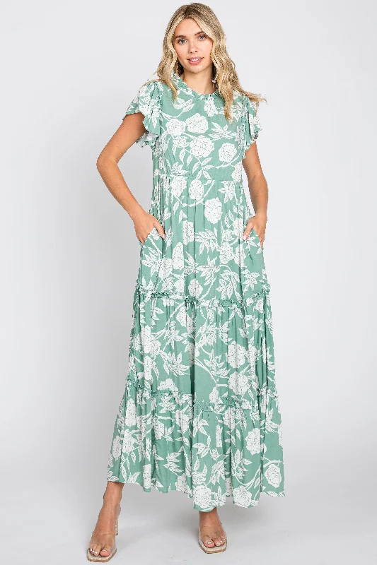 Light Olive Floral Tiered Ruffle Accent Maxi Dress Elegant Maxi Dress with Pockets