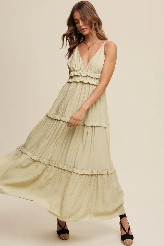 Light Olive Striped Ruffle Tiered Maxi Dress Stylish Long Sleeve Maxi Dress