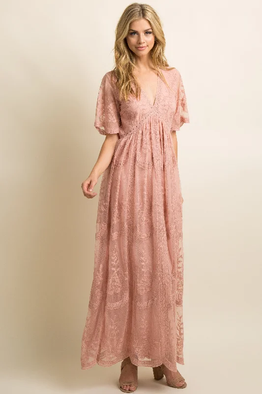 Light Pink Lace Mesh Overlay Maxi Dress Comfortable Long-Sleeve Maxi Dress