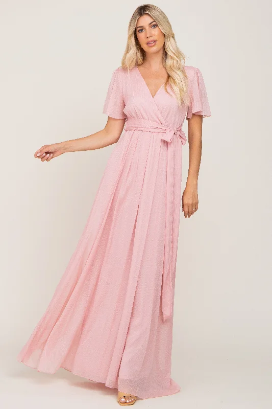 Light Pink Metallic Shimmer Chiffon Maxi Dress Stylish Empire Waist Maxi Dress