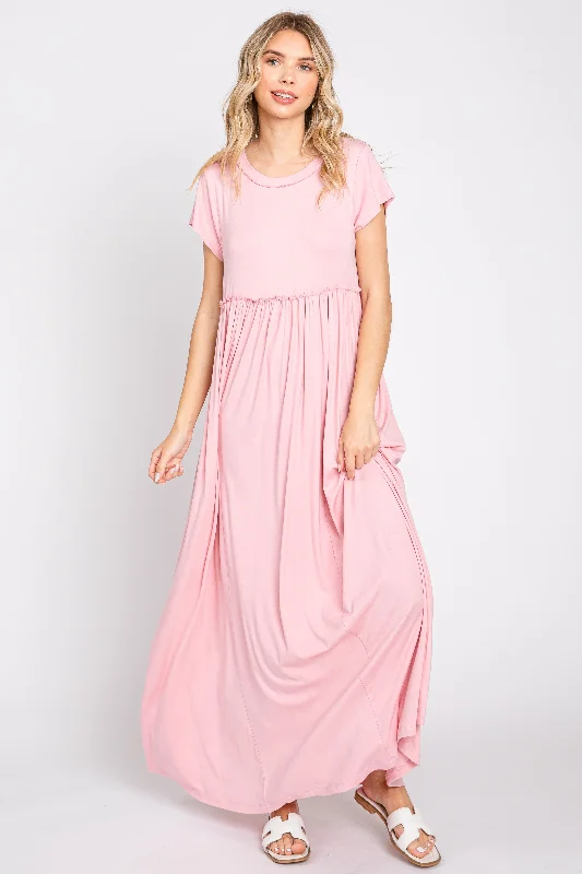 Light Pink Short Sleeve Pocketed Maxi Dress Stylish Long Sleeve Maxi Dress