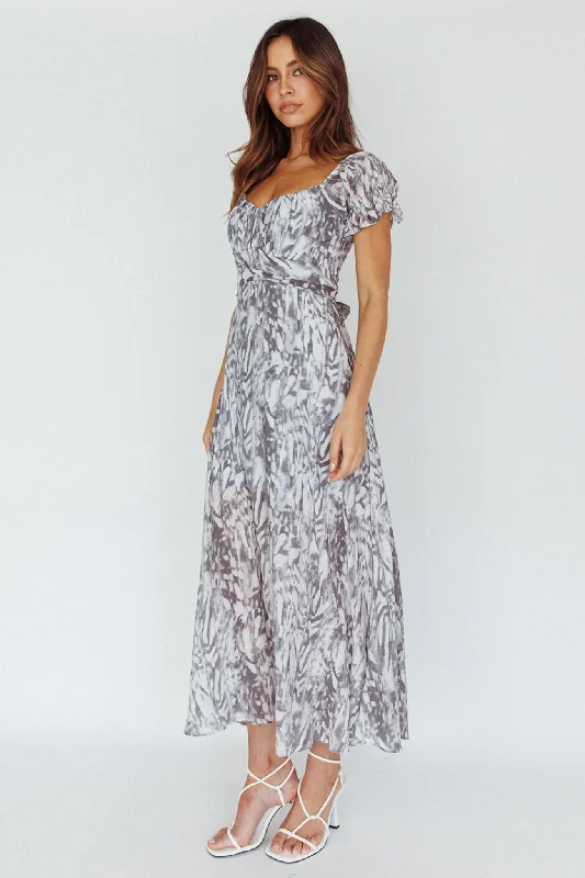 Linka Off-Shoulder Tie Back Midi Dress Printed Grey Stylish Long Sleeve Floral Midi Dress