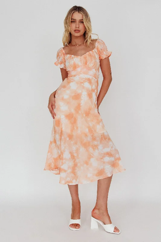 Linka Puff Sleeve Midi Dress Tie-Dye Orange Elegant Puff Sleeve Midi Dress