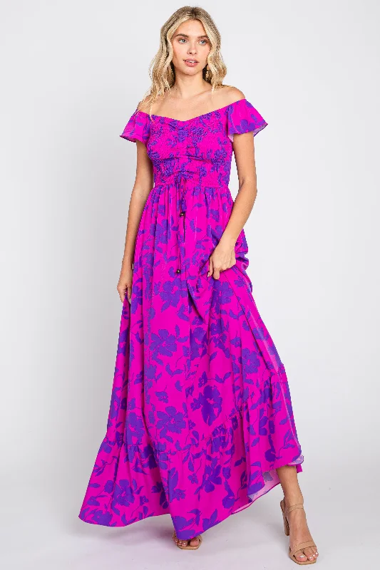 Magenta Floral Smocked Cinched Top Maxi Dress Stylish Boho Chic Maxi Dress