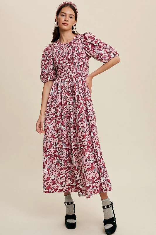 Magenta Flower Print Smocked Poplin Maxi Dress Classic Tulle Maxi Dress