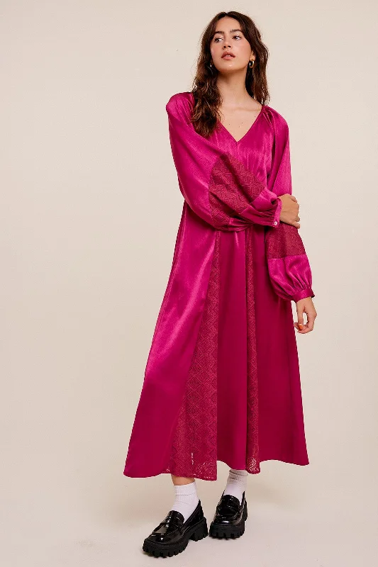 Magenta V-Neck Pleated Maxi Dress With Lace Detailing Comfortable Long-Sleeve Maxi Dress