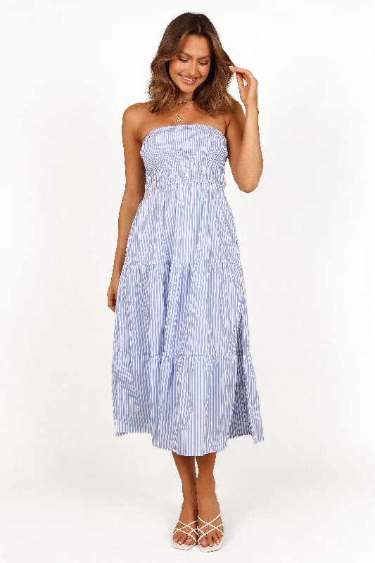 Maisie Strapless Midi Dress - Blue Stripe Elegant Pleated Sleeve Midi Dress