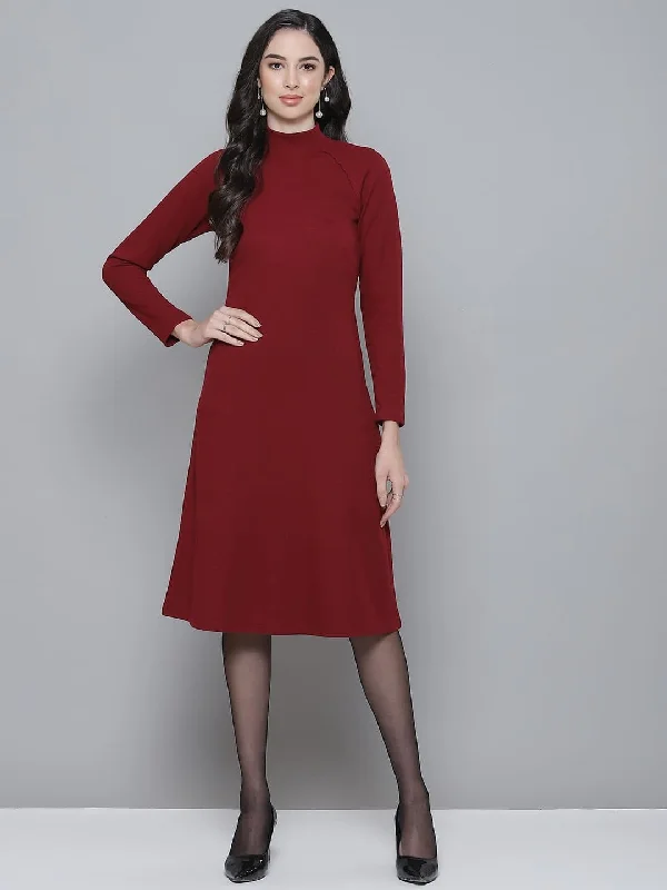 Maroon Rib Turtle Neck Raglan Sleeve Midi Dress Stylish Button-Down Midi Dress