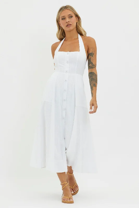 Marybeth Halterneck Midi Dress White Comfortable Ruched Midi Dress