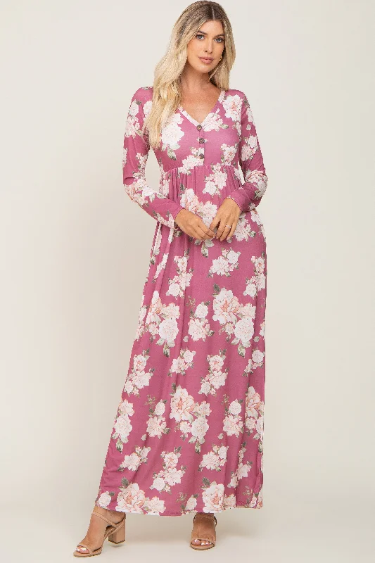 Mauve Floral Button Front Maxi Dress Classic V-Neck Maxi Dress