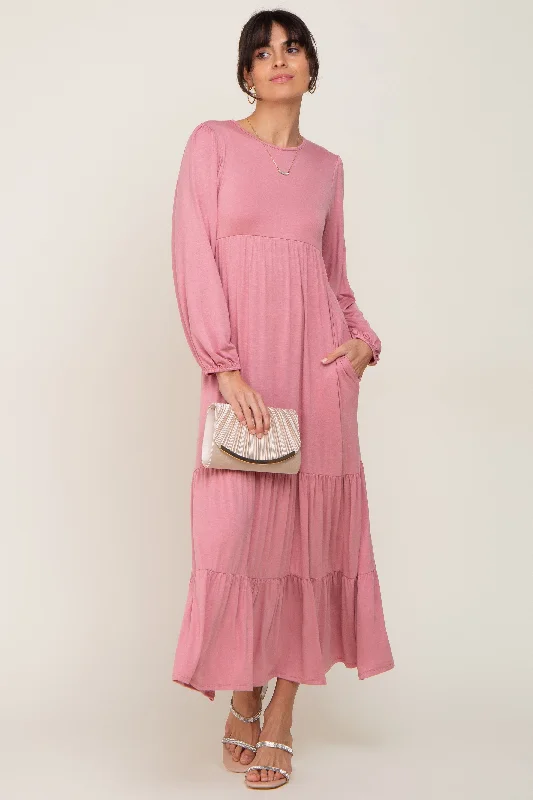 Mauve Long Sleeve Tiered Maxi Dress Casual Maxi Dress with Pockets