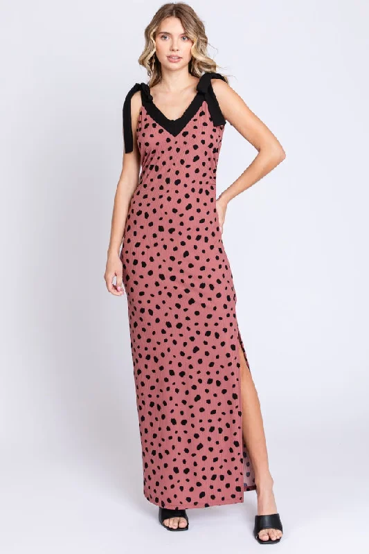 Mauve Ribbed Polka Dot Shoulder Tie Maxi Dress Elegant Maxi Dress with Pockets