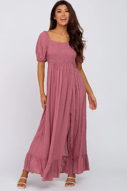 Mauve Swiss Dot Square Neck Smocked Maxi Dress Elegant Pleated Maxi Dress