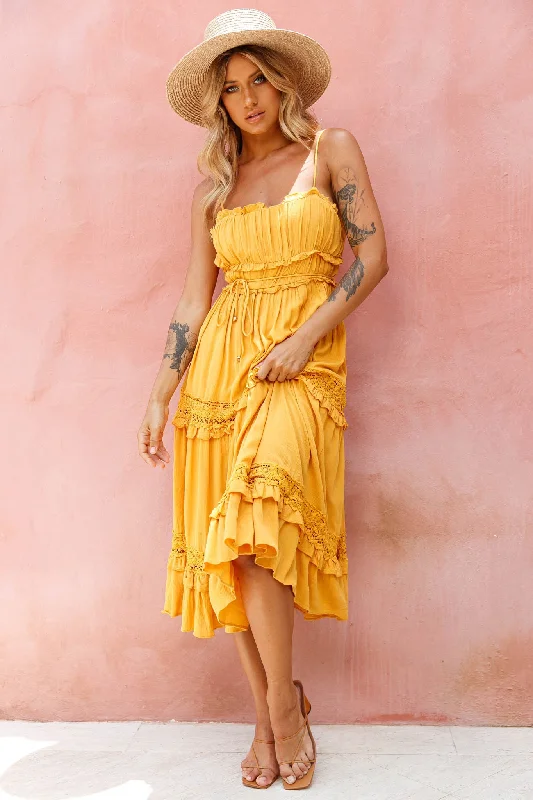 Meet You There Crochet & Frill Trim Detail Midi Dress Mustard Comfortable Floral Print Midi Dress