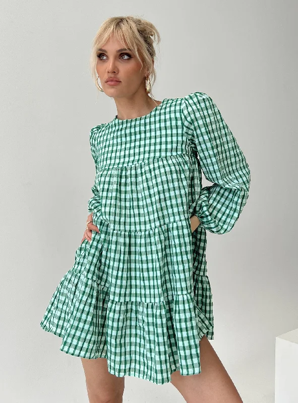 Miami Long Sleeve Mini Dress Green Check Comfortable Casual Mini Dress