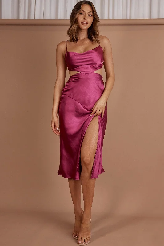 Midnight Muse Strappy Back Midi Dress Fuchsia Elegant Floral Appliqué Midi Dress