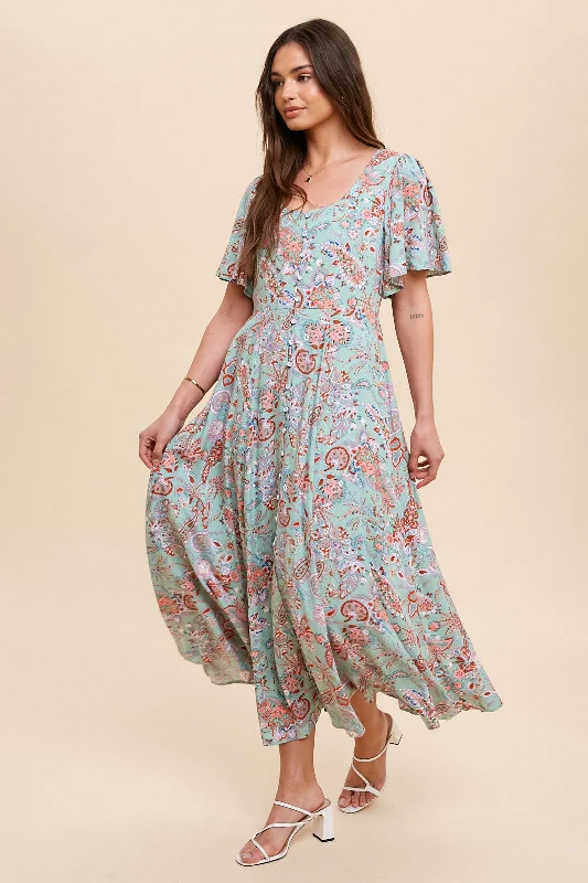 Mint Green Floral Button Front Short Flutter Sleeve Maxi Dress Elegant Pleated Maxi Dress