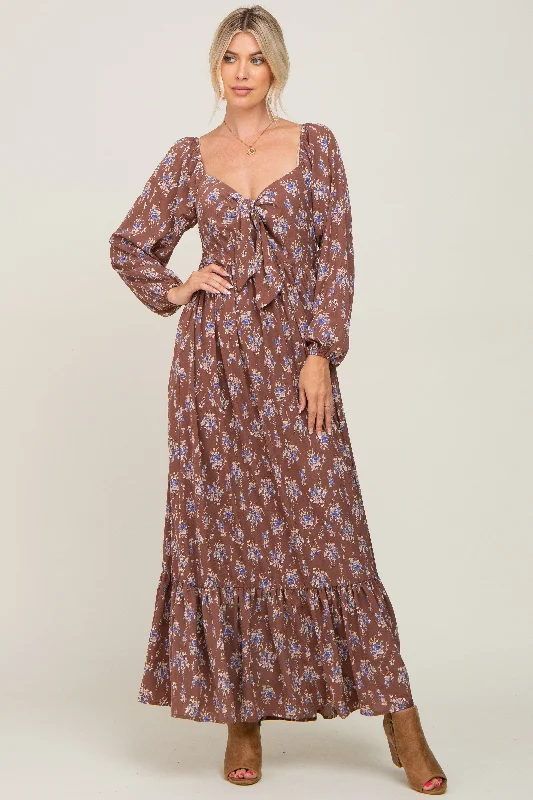 Mocha Floral Tie Front Maxi Dress Stylish A-Line Maxi Dress