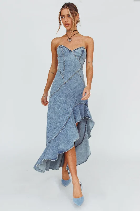 Moon Sweetheart Neckline Ruffle Midi Dress Denim Comfortable Ruched Midi Dress