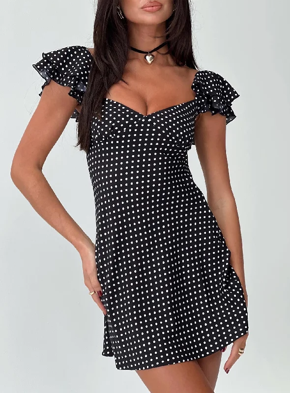 Moretti Mini Dress Black Polka Dot Comfortable One-Shoulder Mini Dress