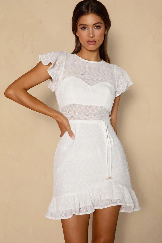 Moving On Flutter Sleeve String Tie Waist Eyelet Mini Dress White Elegant Lace-Up Mini Dress