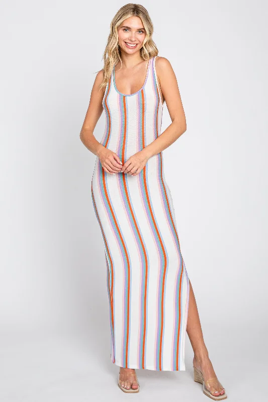 Multi Color Striped Open Back Maxi Dress Trendy Button Front Maxi Dress