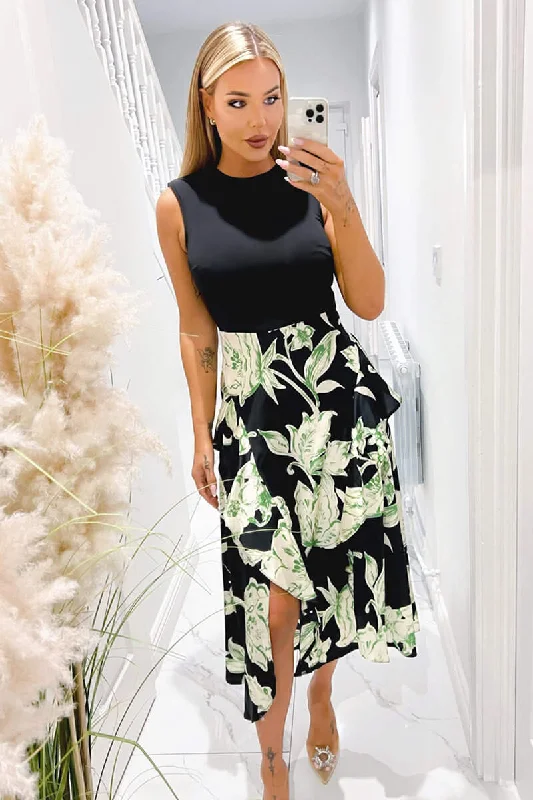 Multi Floral 2 In 1 Frill Split Midi Dress Fashionable Casual Midi Dress