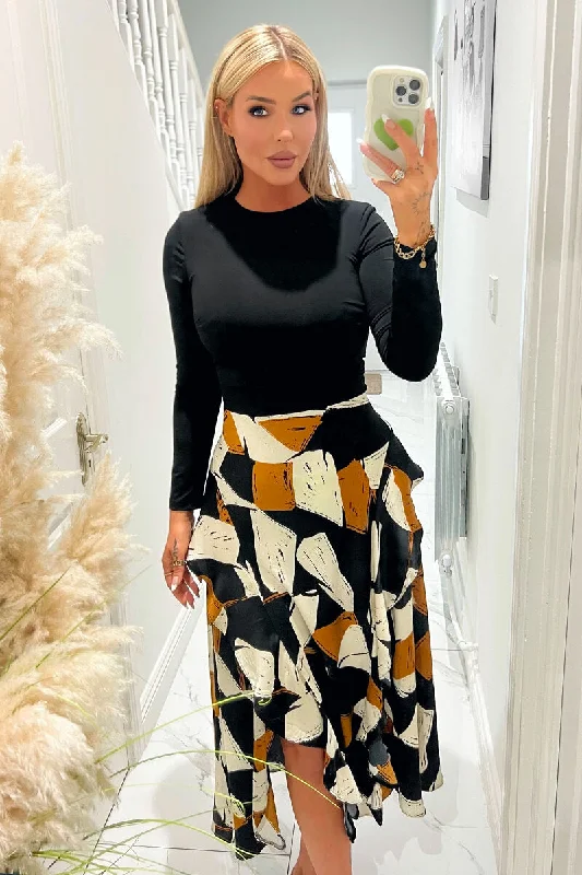 Multi Geometric Print 2 in 1 Long Sleeve Double Frill Split Midi Dress Fashionable Floral Embroidery Midi Dress