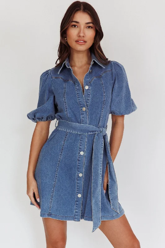 Myleigh Puff Sleeve Waist Tie Mini Dress Denim Blue Trendy Bodycon Mini Dress