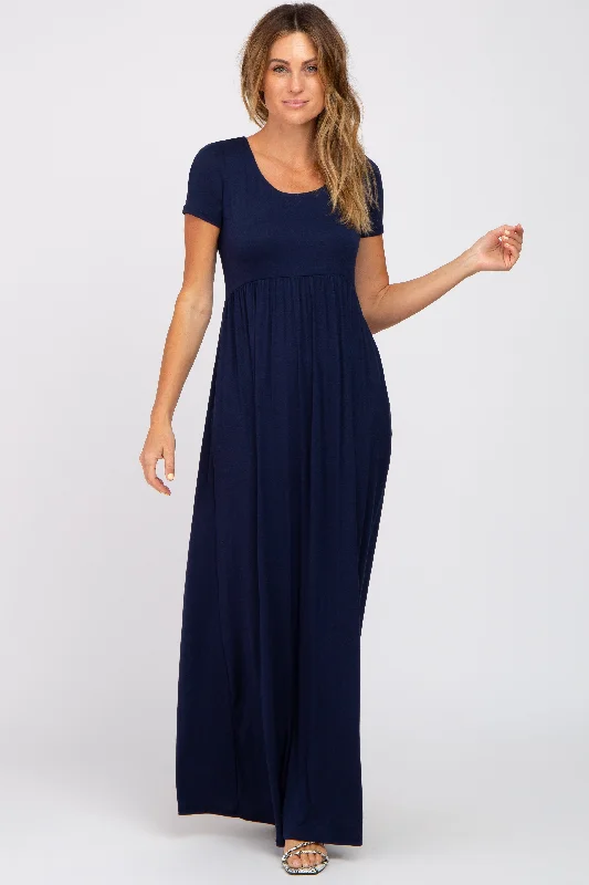 Navy Blue Basic Maxi Dress Stylish Off-Shoulder Maxi Dress