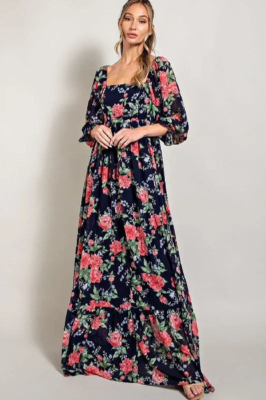 Navy Blue Floral Chiffon Square Neck 3/4 Ruffle Sleeve Maxi Dress Stylish Maxi Dress with Frills