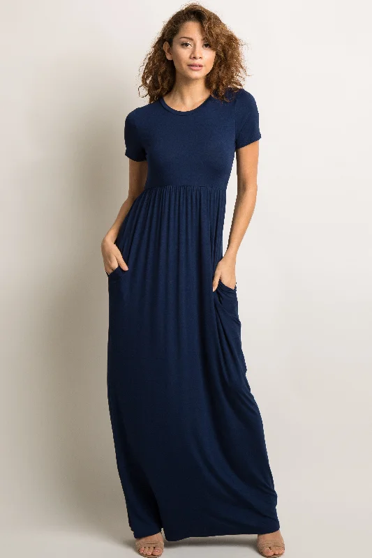 Navy Blue Solid Side Pocket Maxi Dress Elegant Boho Maxi Dress