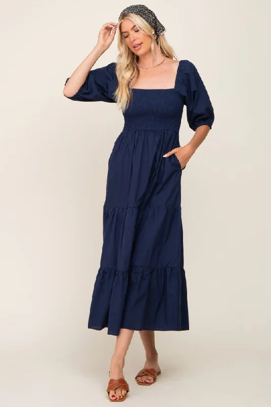 Navy Blue Square Neck Smocked Tiered Maxi Dress Elegant Sleeveless Maxi Dress